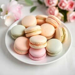 A plate of french macarons in pastel colors, arranged beautifully. 