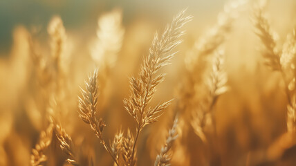 Obraz premium Close-up of golden wheat field swaying in the sunlight