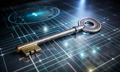Metallic decorative key on a dark background with glowing lines