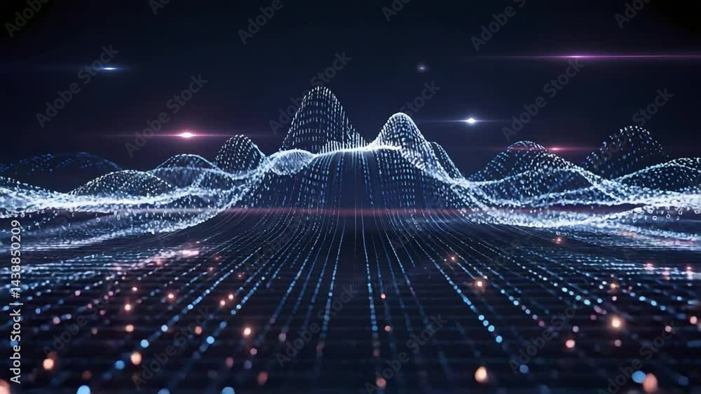 Poster digital landscape waves and lights create abstract visuals