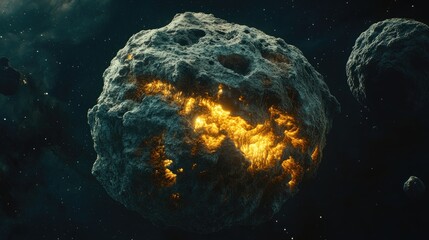 Cosmic rock, fractured by internal heat, orbits in a nebula.