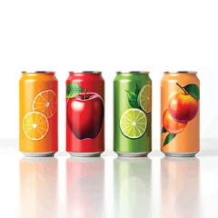 Fototapeta premium Fruit juice cans collection refreshing drinks orange apple lime peach beverage product advertising mockup design