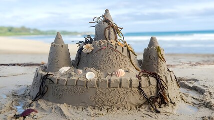 A meticulously crafted sandcastle sits on the sandy shore, with a serene beach and ocean in the background. The castle is adorned with shells and seaweed, capturing the essence of a perfect beach day