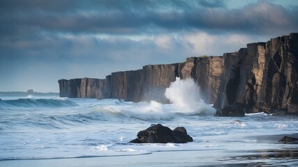 Dramatic crashing waves against towering coastal cliffs with stormy clouds overhead. The scene is powerful and evocative, capturing the untamed power of nature.