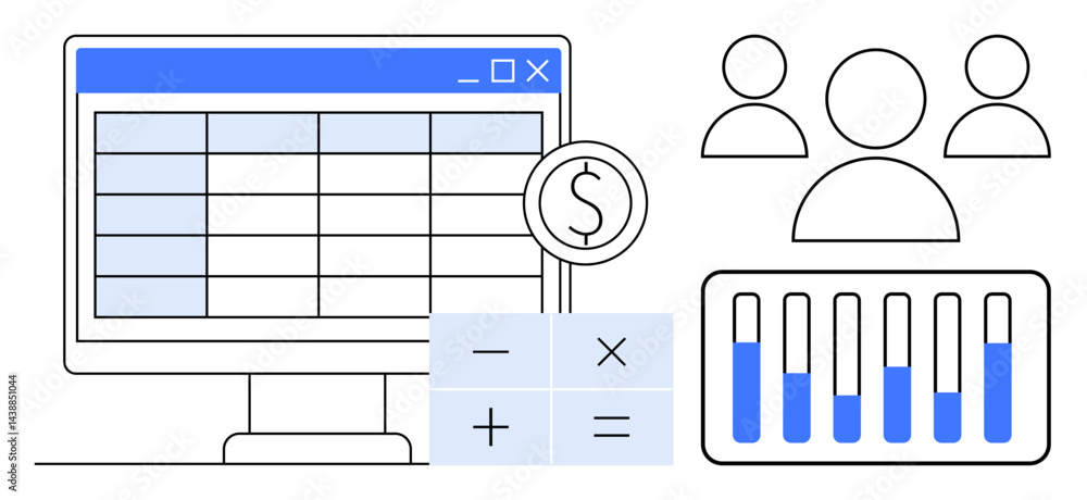 Poster computer screen with table interface, currency symbol, calculator keys, bar charts, and user icons. 