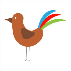 Bird vector image. Brown cartoon body. Colorful tail feathers. Funny animal character.