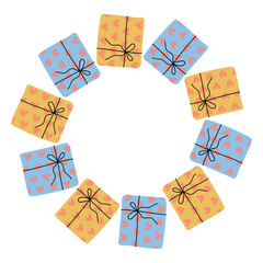 Colorful wrapped gifts arranged in a circular pattern for a festive celebration