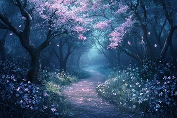 Mystical night forest path, serene and dreamy