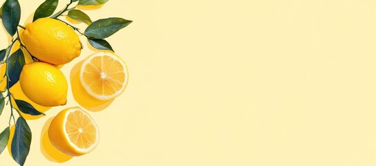 Bright and vibrant lemon banner background with fresh yellow lemons arranged in a stylish flat lay composition on the left side, perfect for e-commerce store promotions, healthy food branding