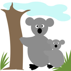 Koala pair illustration. Tree trunk shape. Vector animal image. Nature cartoon style.