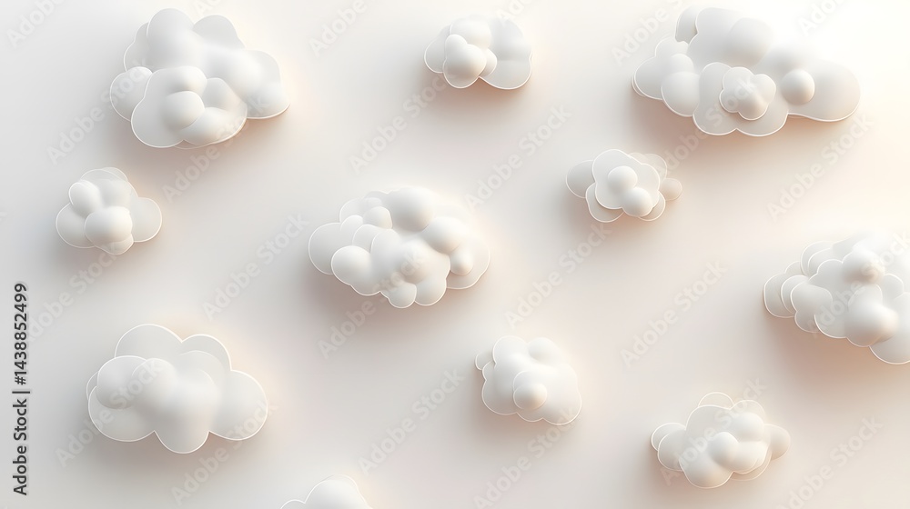 Poster minimalist 3d render of fluffy white clouds on a soft beige background. simple, clean design perfect