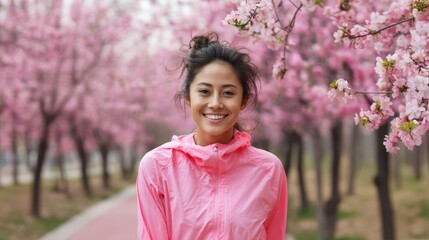 Fototapeta premium Blossom Beauty: A radiant woman is embraced by the enchanting bloom of spring, framed by the pink blossoms of cherry trees, embodying joy.