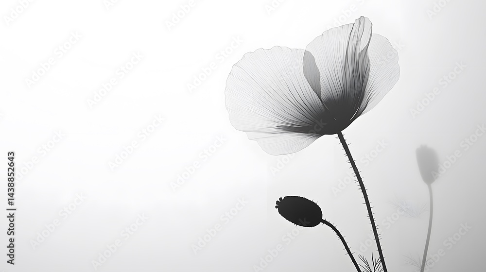 Poster monochromatic image of delicate poppies in soft fog. one poppy is in sharp focus, others are blurred