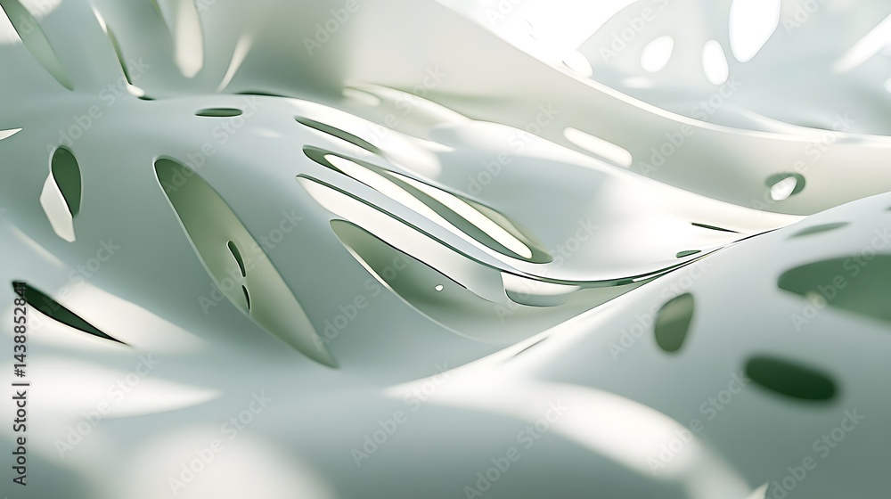 Poster abstract 3d rendering of flowing, white shapes resembling monstera leaves. soft lighting creates sub