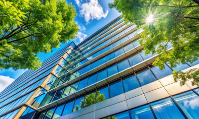 View from below of a modern office building and trees nearby