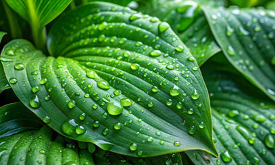 Drops of water on large green leaves after rain