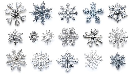 Fifteen unique snowflakes, meticulously arranged against a stark white background.