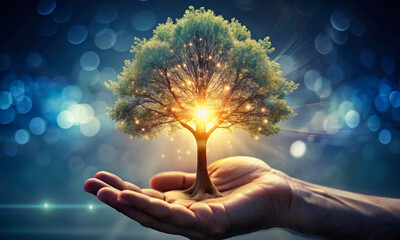 An open human palm with a glowing tree growing out of it