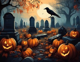 K&uuml;rbisse und Kr&auml;hen auf einem Friedhof