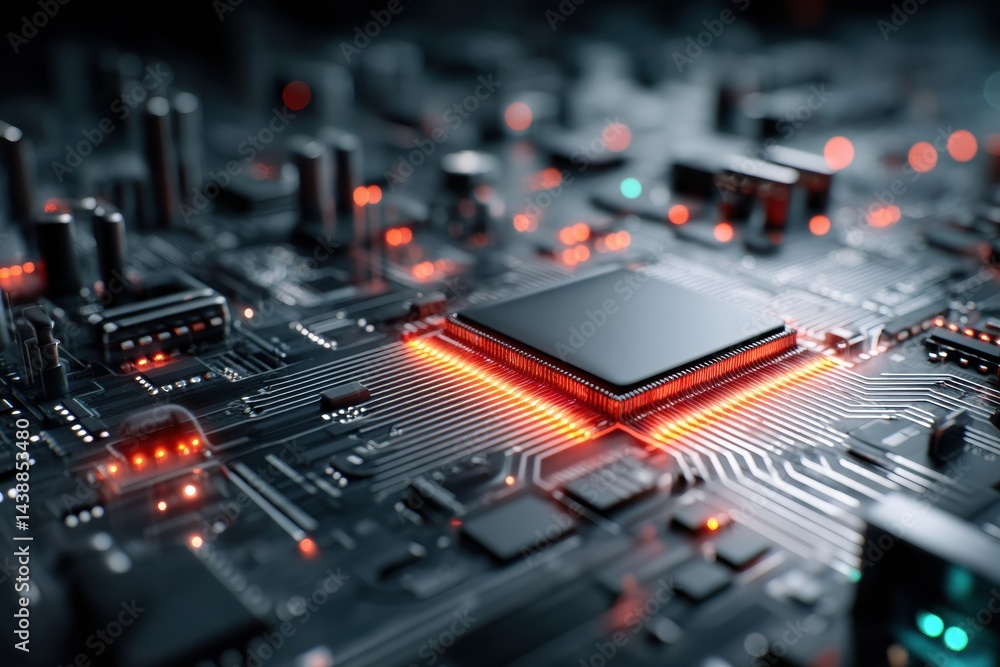 Poster close-up of an advanced ai chip on motherboard with glowing edges showcasing intricate circuitry and