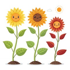 Cute Cartoon Sunflowers Happy Flowers Growing Plants Autumn Summer Spring