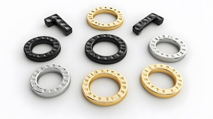 Elegant gold, silver, and black rings and number '10' arranged on a white background.  Perfect for branding, jewelry, or luxury concepts.