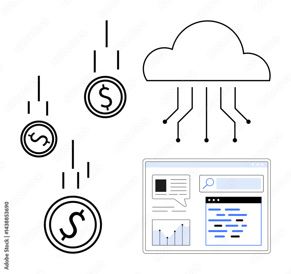 Aufkleber cloud computing with data connectivity, coins symbolizing digital currency, analytics dashboard elem