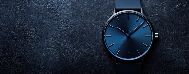 A minimalist modern watch with blue dial and black strap on textured dark background, elegant and sleek design for stylish timekeeping