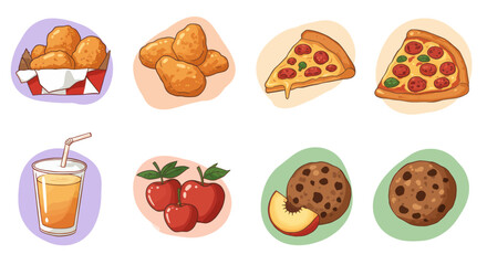 Cartoon illustration of diverse food choices including pizza, chicken nuggets, fruit and cookies