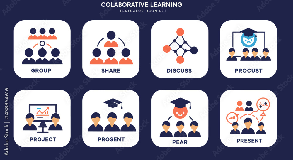 Poster collaborative learning vector icons set featuring group work share discuss and project presentation 