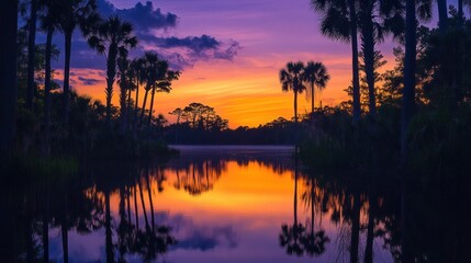 Tranquil Jungle Sunset: Palm Trees Silhouetted Against a Vibrant Sky