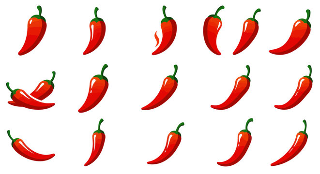 Collection of red chili peppers in various shapes and angles isolated on a white background for spicy food illustrations and graphic design elements - Powered by Adobe