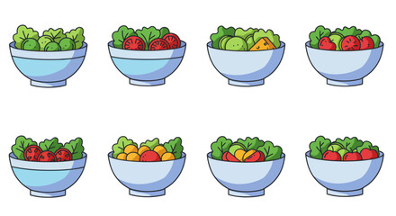 Colorful salad bowls with fresh vegetables for healthy eating and lifestyle choices, vector illustration