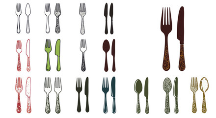 Cutlery collection displaying various fork knife and spoon designs and colors for culinary projects