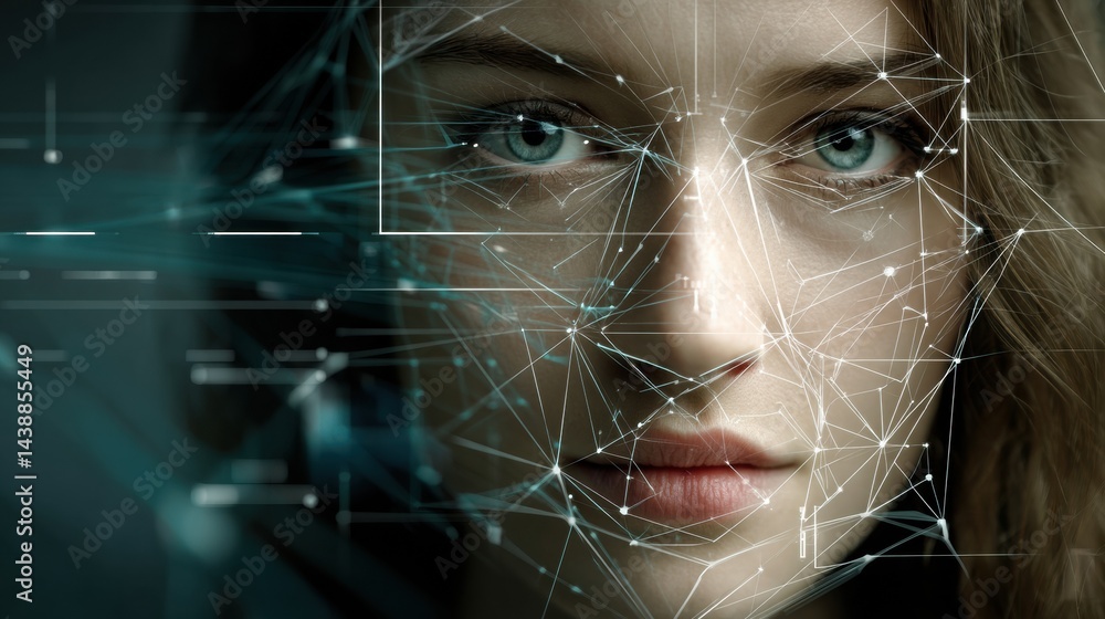 Poster biometric scanning technology overlays on human face for secure identity verification and authentica