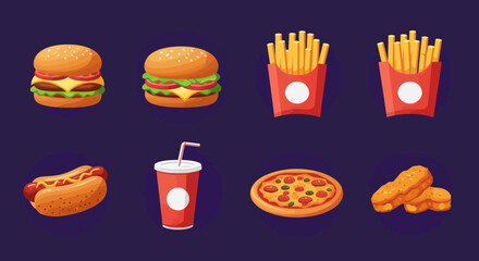 Delicious fast food assortment featuring burgers fries pizza and hotdog on dark background ideal for menu designs and advertisements