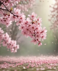 Obraz premium Delicate pink sakura petals drift on a softly blurred spring background , peaceful, season