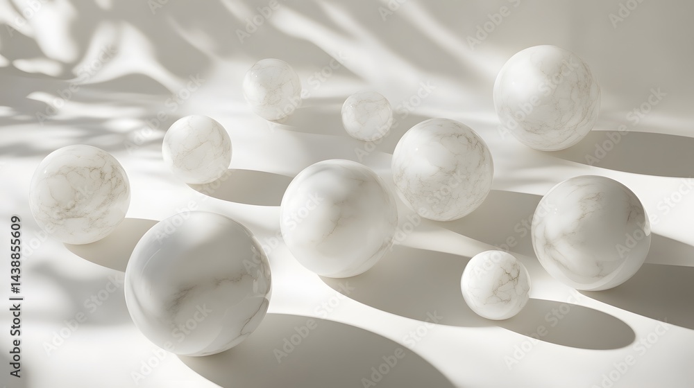Poster multiple white marble spheres of varying sizes are arranged on a white surface, illuminated by soft 