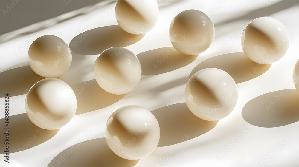 Poster multiple creamy-white spheres arranged on a white surface, illuminated by sunlight casting soft shad