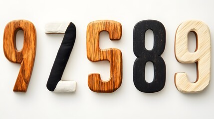 Wooden numbers 9, 2, 5, 8, and 9 in various stains and paints.  The numbers are arranged horizontally against a white background.