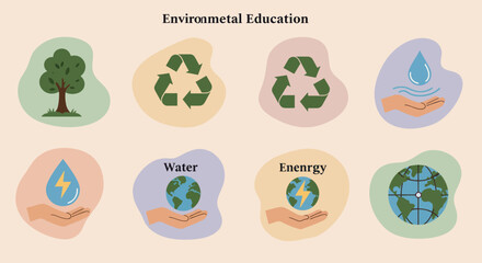 Environmental education icons for sustainable living and ecological awareness campaign showcasing nature conservation and eco friendly practices