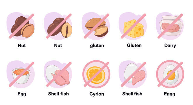 Food allergy icons set depicting common allergens such as nuts, gluten, dairy, eggs, and shellfish with a cross mark indicating restriction for allergen-free diet