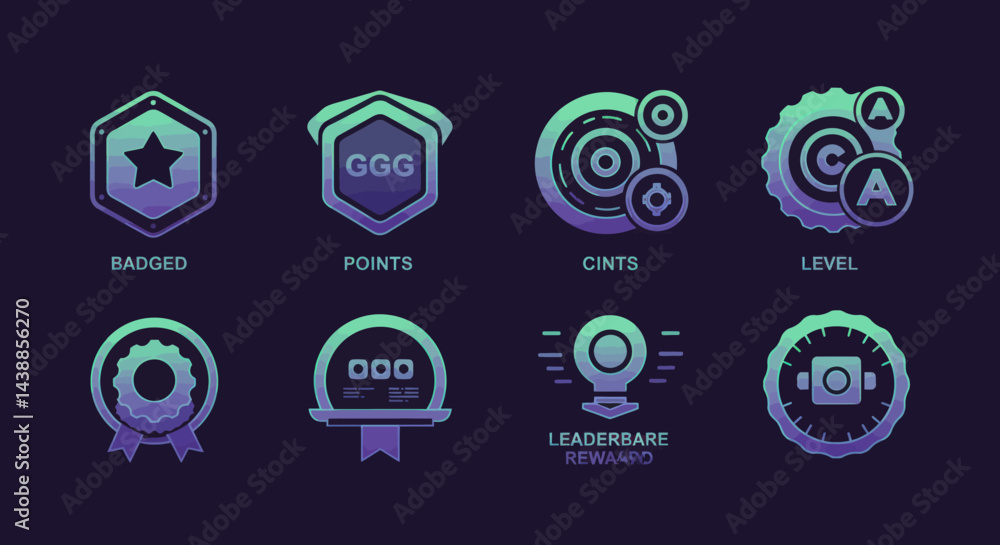 Poster futuristic achievement badges and rewards icons displaying points and level for game platform, vecto