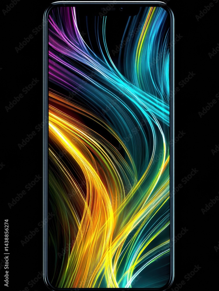 Poster colorful flowing neon lines create a mesmerizing animated wallpaper on a modern smartphone screen, s