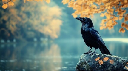 Fototapeta premium Raven perched rock autumn lake misty park
