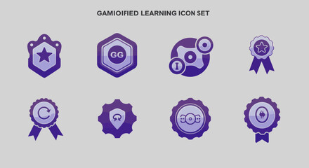 Gamified learning icon set featuring badges, gears, and ribbons for educational apps and platforms