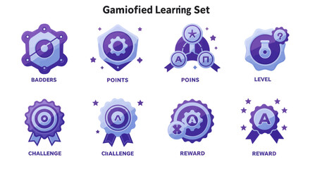 Gamified learning elements set for educational badges and motivational icons in modern gradient style symbolizing rewards, points, levels, and challenges