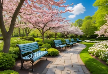 Serene Spring Park with Blooming Flower Beds and Stone Path