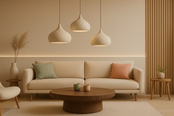 Warm Minimalist Living Room with Cream Sofa, Wooden Accents, and Soft Pastel Decor 