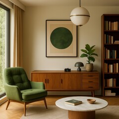 Mid-Century Modern Living Room with Green Armchair, Wooden Furniture, and Minimalist Decor 